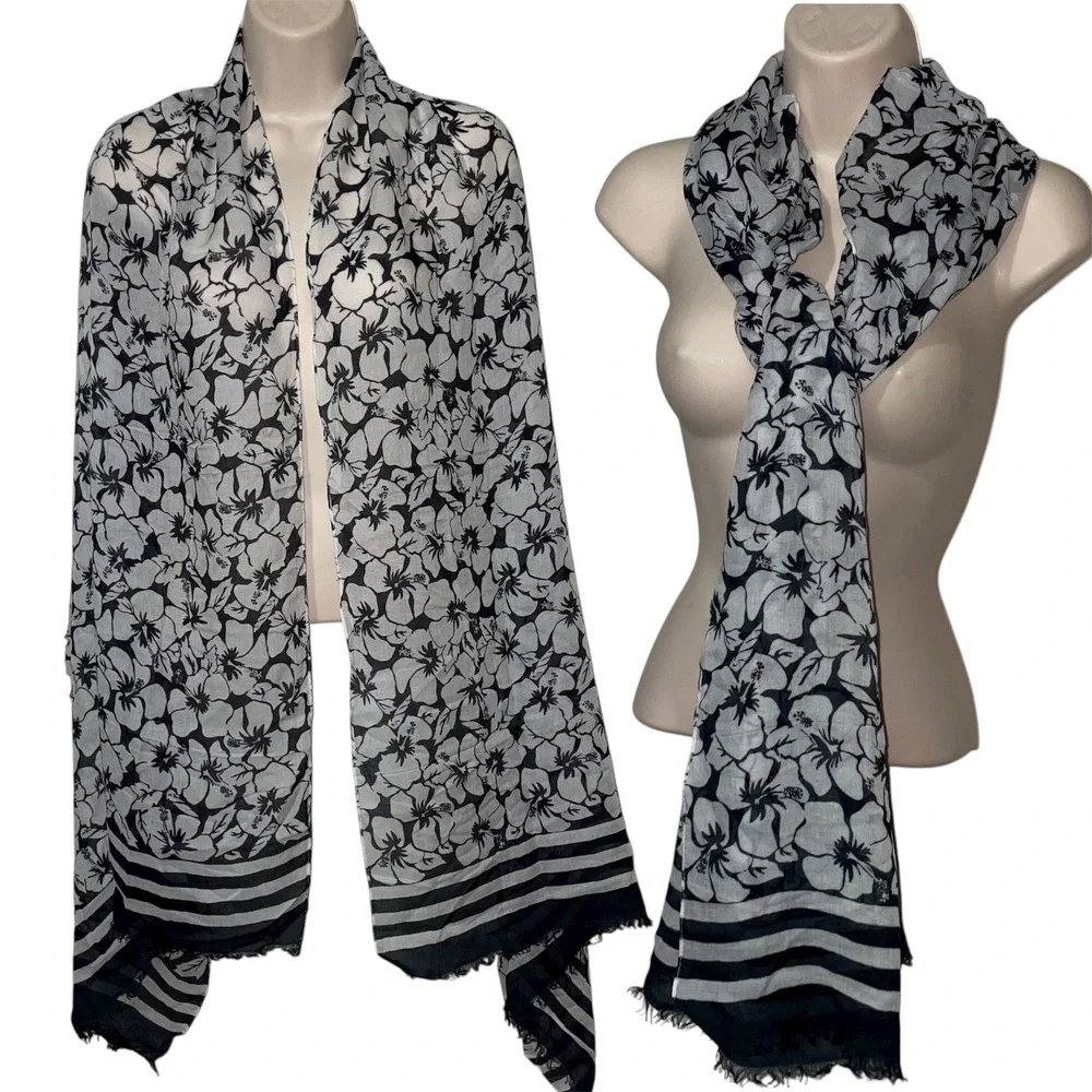 ALLIANCE‎ deep navy white hibiscus floral Scarf Wrap Shawl Modal Lightweight